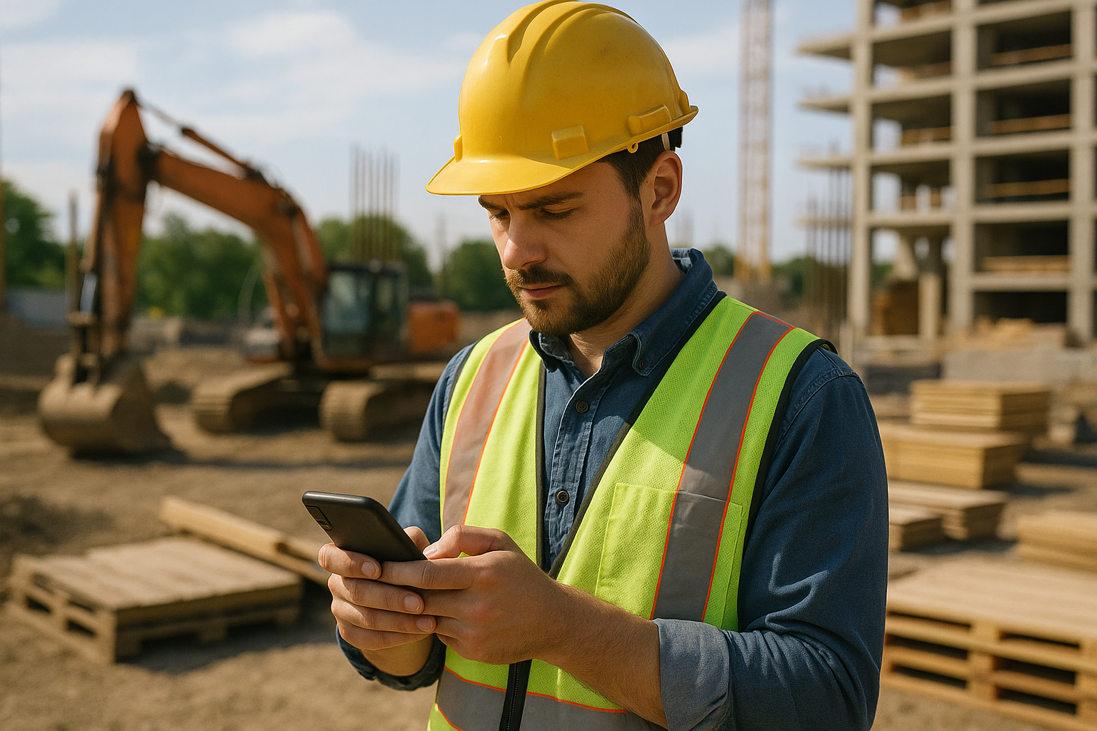 A man on a construction site texting